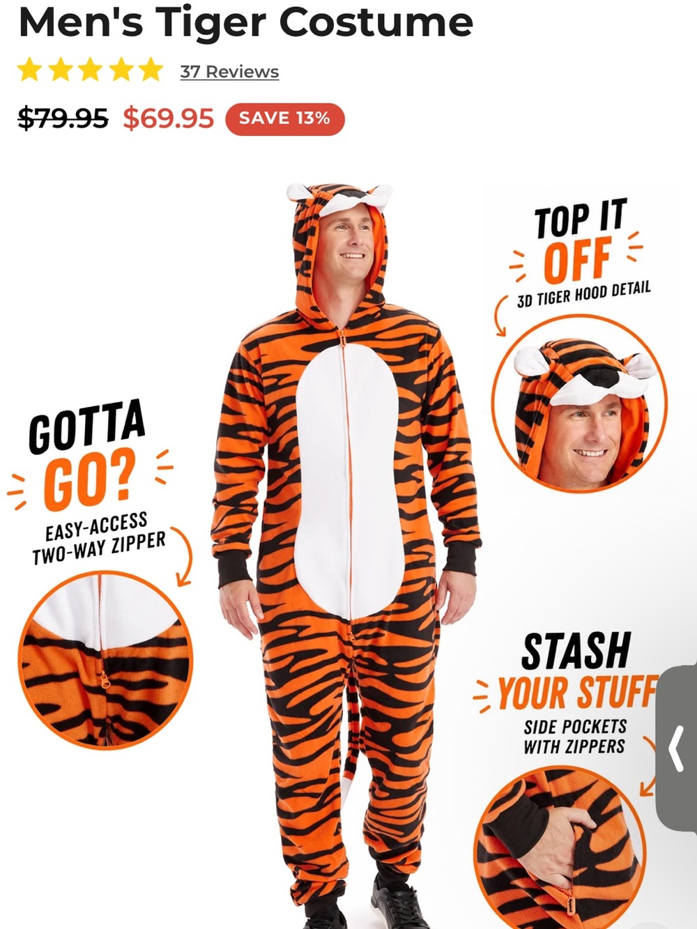 NWT Men’s Tipsy Elves Zip Onesie, Size Large, Costume